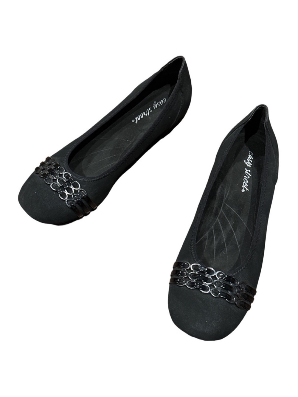 Size 10 Easy Street Black Flats with Decorative Accents